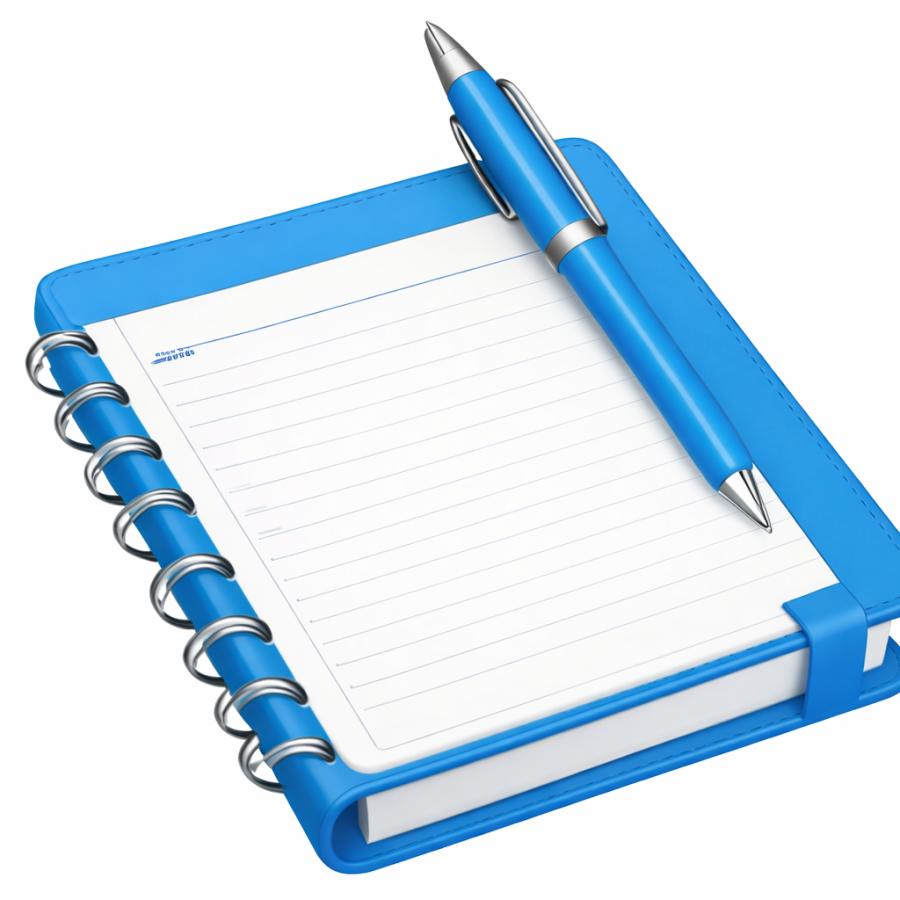 Blue notebook with a pen